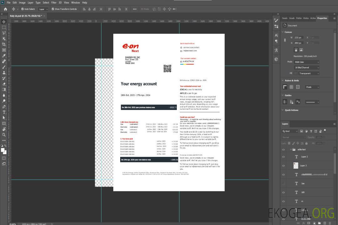 Royaume-Uni Facture de distribution de gaz et d'électricité d'Eon aux formats Word et PDF, version 7 template